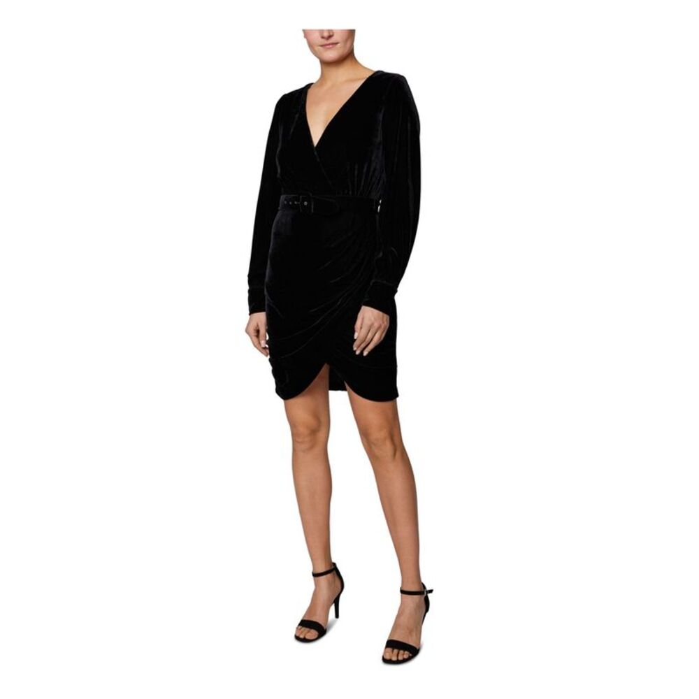 NWT LAUNDRY Womens Black Belted Velvet Elastic Waist Hem Long Sleeve Dress 2
